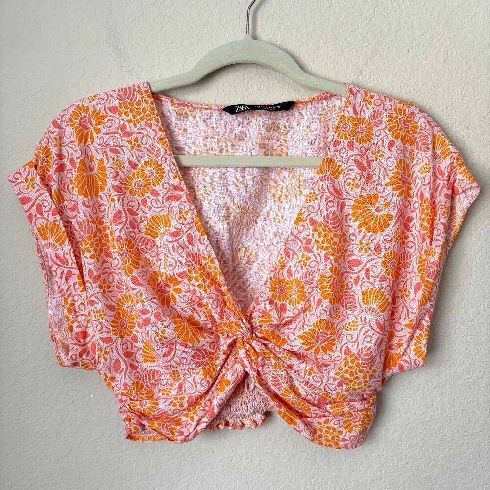 Zara Linen Blend Boho Floral Print Cropped Twist Front Blouse Top - Picture 1 of 8